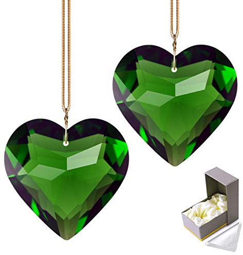 GOLDENHAITAI Green Heart Crystal Suncatcher, 2pc 45mm Hanging Prism for Windows, Outdoor Indoor Decoration, Rainbow Maker Gifts for Mom, Grandma, Friend