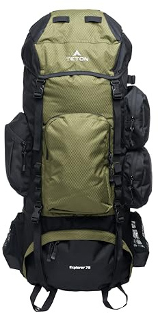 Teton 75L Explorer Internal Frame Backpack for Hiking, Camping, Backpacking, Rain Cover Included, Olive