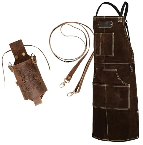 Black Forest Fox® ROUGH SET Büffelleder Grill Koch & Küchen Schürze + Holly Holster Getränkeholster, Dosenholster und Flaschenholster in einem
