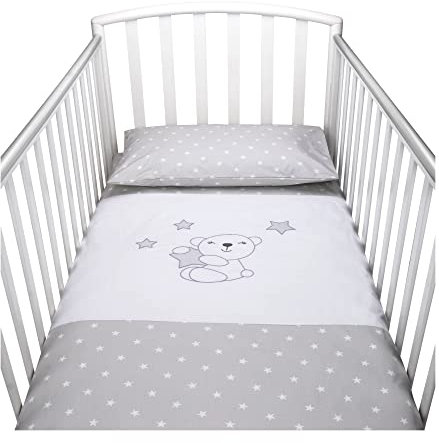 baby idea Babysanity Piumino Lettino Neonato Ricamato Completo Federa e Copripiumino e Lenzuolino con Angoli Sfoderabile Senza Paracolpi Lettino - Made in Italy- (Little Star Grigio)