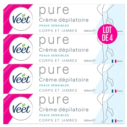 VEET Pure Enthaarungscreme für Körper & Beine – empfindliche Haut – ohne Amoniakgeruch – 4 x 200 ml