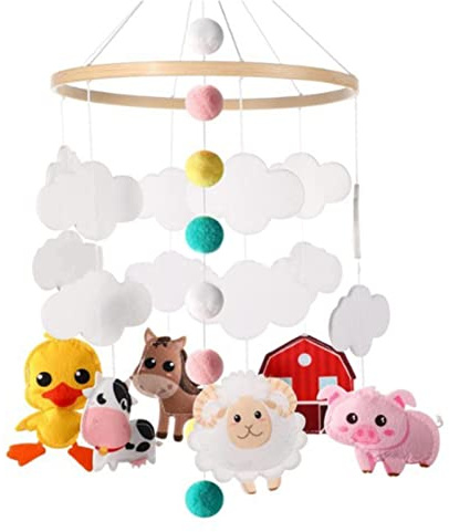 EXQULEG Tier Mobile Baby Hölz Mobile Baby Windspiele mit Filzbällen Kinderzimmer Hängende Bettglocke Mobile für Babybett Jungen und Mädchen (B)