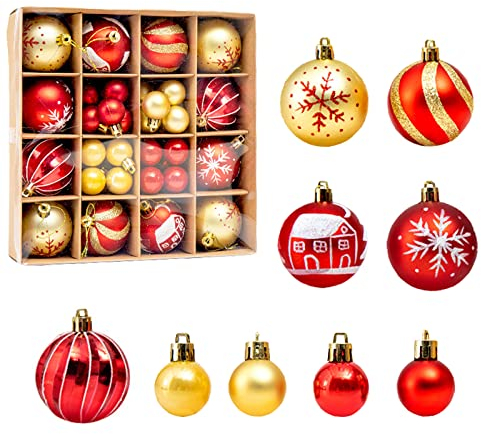 44 Stück baumkugeln Weihnachten,weihnachtskugeln rot und Gold funkelnd weihnachtsbaumkugeln bruchsicher Für drinnen und draußen geeignet weihnachtskugeln Set