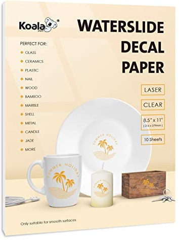 Koala Waterslide Decal Paper for Laser Printer - Clear Transparent - 10 Sheets Water Slide Transfer Paper - 8.5x11 Inches
