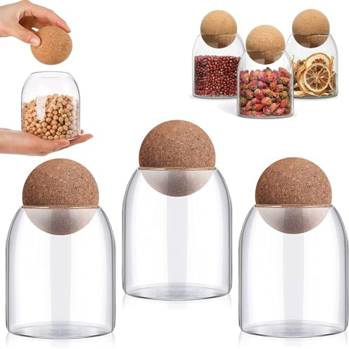 RHBLME Lot de 3 boîtes de rangement en verre avec bouchon en liège, 500 ml avec couvercle en liège, petit bocal à bonbons rond avec couvercle en bois pour nourriture, café, sucre, épices, thé, etc