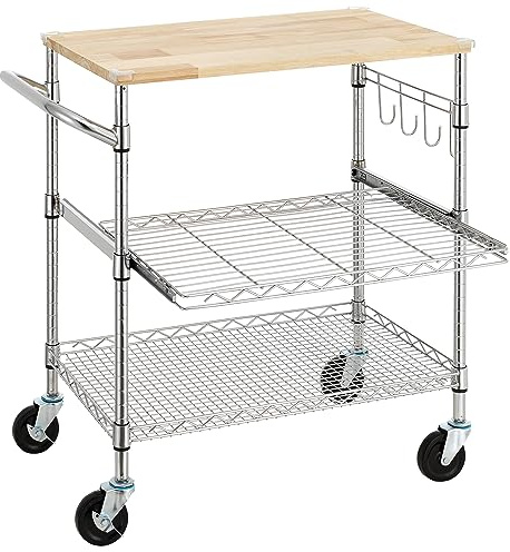 Finnhomy 3-Tier Rolling Kitchen Cart With 18 D x 30 W Oak Wood Tabletop, Kitchen Island With 4 Wheels and Slider Shelf, Microwave & Coffee Cart With Hooks for Dining Room, Chrome