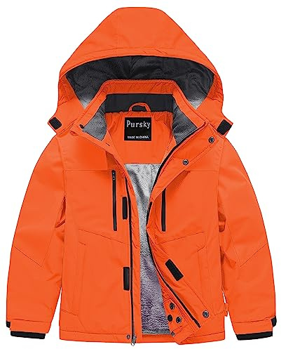 Pursky Ski Jacket Boys Youth Jackets Boys' Waterproof Interchange Windproof Snowboard Outerwear Fleece Warm Winter Outdoor Travel Coat Pure Orange 10/12