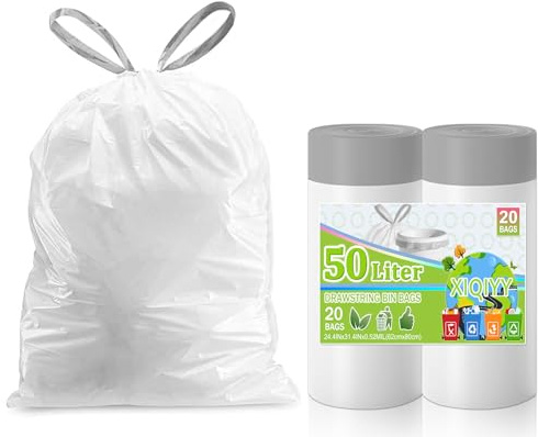 XIQIYY 50L Müllbeutel Mit Zugband Und Griffen Für Küche, 20 Stück Weiß | Dicke Und Reißfeste Müllsäcke Mit Tragegriffen, 62x80cm, Für 40–60L Mülleimer Geeignet