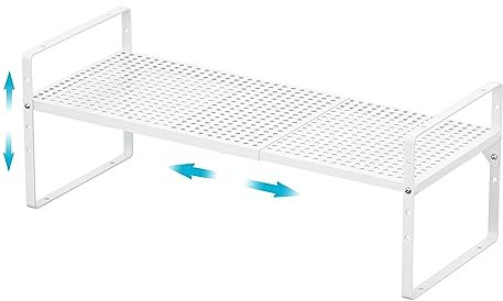 iPEGTOP Erweiterbares Schrank-Aufbewahrungsregal, Organizer, robust, stapelbar, Stahl, Metall, höhenverstellbar, für Zuhause, Büro, Speisekammer, Garage, Regal für Theke, Küche, Organisation, Weiß, 1