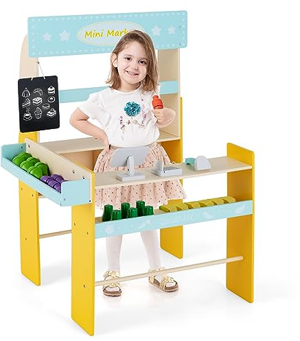 GYMAX Kids Grocery Store Playset, Children Pretend Supermarket Play Toy with Scanner, Cash Register, POS Machine, Blackboard, 36 Veggies & Fruits, Toddler Wooden Role Play Shop for 3 Year Old +