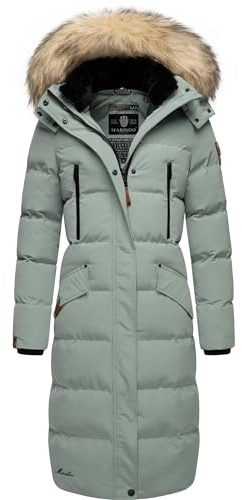 MARIKOO Damen Wintermantel warmer Steppmantel lang mit abnehmbarem Kunstfell und Kapuze Schneesternchen Smokey Mint Gr. L
