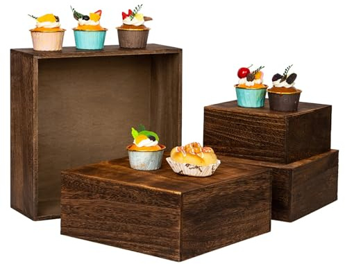 VDEHOM Juego de 4 soportes cuadrados de madera para tartas, color marrón vintage, para exhibir, soportes elevadores de madera rústica de 12 pulgadas para exhibición de tartas de boda, (marrón vintage)