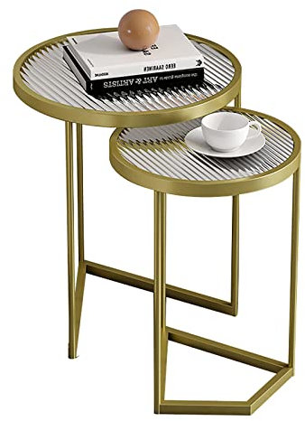 IMYOGI Exquisites 2-teiliges Couchtisch-Set, Satztisch aus gehärtetem Glas, rundes Regal für kleine Wohnungen, Nachttisch aus Schmiedeeisen, einfacher Ecktisch mit Beistellschrank (FA
