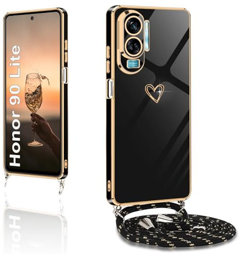 XCYYOO Mobile Phone Lanyard for Honor 90 Lite, Mobile Phone Case with Strap, Honor 90 Lite with Chain, Love Design, Electroplating Silicone, Shockproof Protective Case with Cord for Hanging, Camera