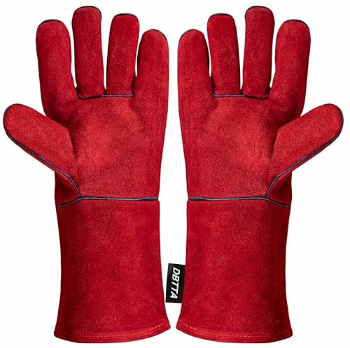 DBTTA Heat&Fire&Hot&Flame- Resistant Leather Kevlar Arc Welding Gloves, For Heavy-duty&Welder&BQQ&Oven&Stove&Grill&Mig&TIG Gardening&Animal handling&Pot Holder,Fireplace,Woodburner Gauntlets (Red)