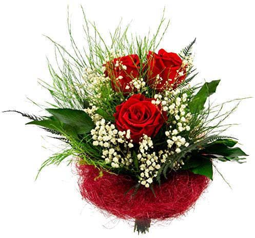 Infinity-Pieces | Ewiger Rosenstrauß - 3 Rote Rosen und Foliage | Konservierte Blumen | Geschenk für Mutter, Freundin | Geburtstag, Valentinstag, Muttertag