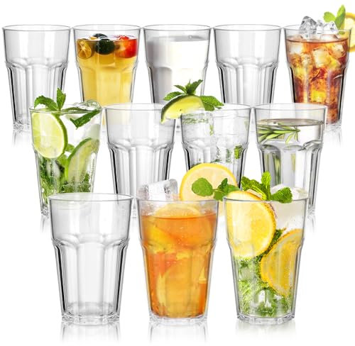 DIBALIYI 12PCS Vasos Transparentes Irrompibles, Vasos Plastico Acrílicos Premium Reutilizables de 420ml, Vasos de Cóctel Apilables de 13.5 OZ para Picnic en Casa Aptos para Lavavajillas