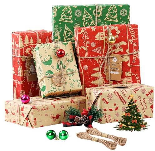 Christmas Wrapping Paper, 12 Sheets 70x50cm Red and Green Recycled Xmas Kraft Paper with 6 Vintage Designs (Bonus 20m Jute String and 10 Gift Tags)