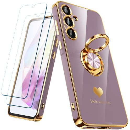 Nonional for Samsung Galaxy A35 5G Case with 2 Pack Screen Protector, 360° Rotatable Ring Holder [Luxury Hearts Pattern] Plating Gold Edge Slim Soft Phone Cover Case for Galaxy A35 - Light Purple