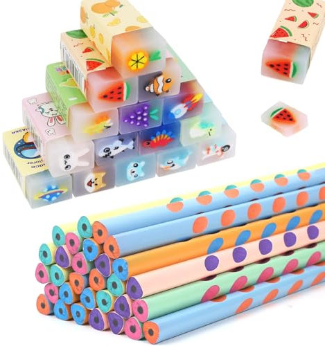 Gudotra 60 pezzi Gadget Compleanno Bambini 30 Matite Bambini con 30 Gomme Cancellare Regalini Fine Festa Compleanno Matite Divertente