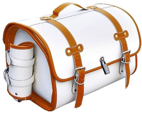 PUBIBD Motorrad Hecktasche für BMW Concept Link 2018, wasserdichte Leder Motorrad Pannier Satteltasche Reisetasche, 33L Große Kapazität Motorrad Werkzeugtasche,E White+Brown