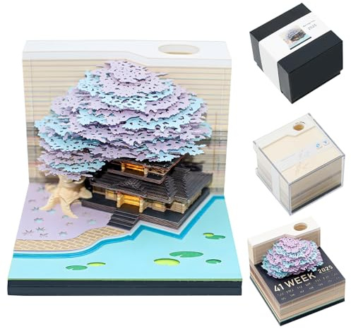 3D-Kalender 2025,3d notizblock kalender 2025,3D-Tränenpapierkalender 2025，mit Lampe und Stifthalter, 3D-Baumhaus,DIY Arbeitsplattendekoration (‎Lila Baumhaus)