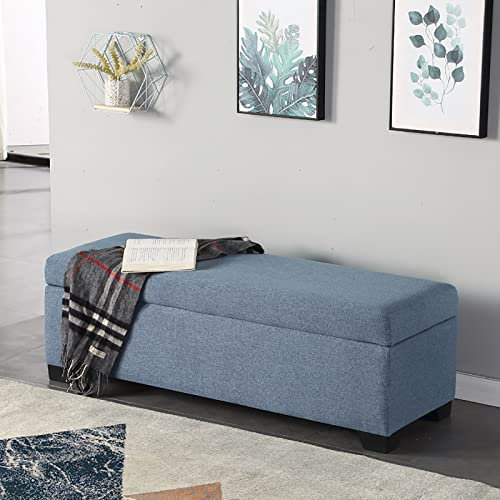 Luxuriöse, moderne, getuftete Polsterbank aus Leinenstoff, mit Holz-Fußstütze, ideal für Wohnzimmer, Eingangsbereich oder Schlafzimmer, 60 x 40 x 40 cm, Blau