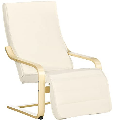 HOMCOM Sessel Wohnzimmer Relaxsessel Loungesessel Ruhesessel mit Armlehnen aus Birkenholz, 5-Fach verstellbare Fußteil, Lesesessel mit Leinenoptik, Polstersessel für Schlafzimmer, Cremeweiß