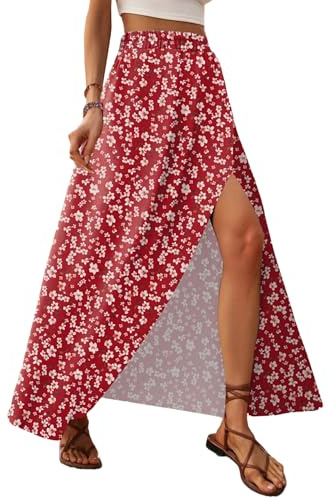Zeagoo Jupe Fendue Femme Été Elegante Taille Elastique Jupe Fleurie Longue Jupes Fluide Maxi Jupes de Plage Fleur Rouge L