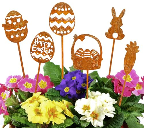 Henjunu 6 Stück Gartenstecker Ostern Rost, Osterblumen Stecker, Osterdeko für draußen Gartenstecker, Rost Metall Osterdeko Hasen Roststecker für Ostern und Frühling Gartendeko