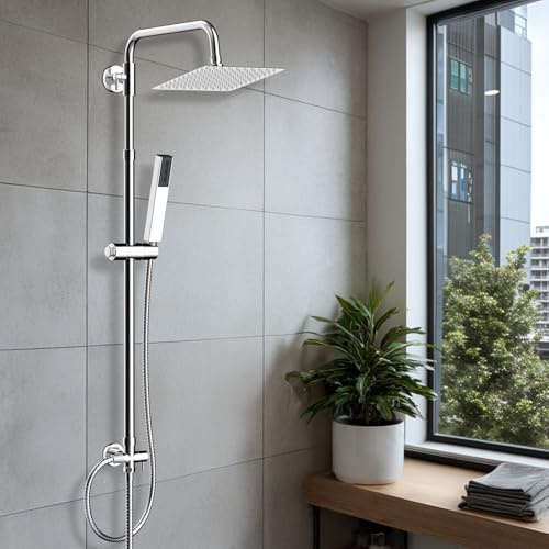 Hibbent All Metal Rainfall Shower Set, 4 Modes Handheld Shower Head Height Adjustable Shower Kit Without Mixer Shower, Brass Diverter, Chrome