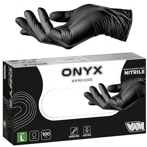 Generico ONYX 100 Guanti Nitrile Neri S/M/L monouso senza polvere, ipoallergenici per Estetisti, Tatuatori, Manipolazione degli Alimenti (L (100))