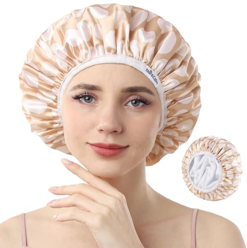 Years calm Frottee-gefütterte Duschhaube, dreilagig, Herzmotive, wasserdicht, wiederverwendbar, elastisch, Haar-Duschhaube für Damen, Frottee-Duschhauben für Spa, sauber, Reisen (Beige, Einheitsgröße)