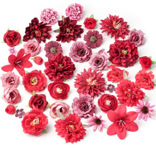 KUDLE 40 Stück Kunstblumen zum Basteln, Klein Künstliche Blumenköpfe, Blütenköpfe Deko, Künstlich Seidenblumen Fake Blumen Basteln Blumendeko für Tortendeko Hochzeitsdeko Scrapbooking