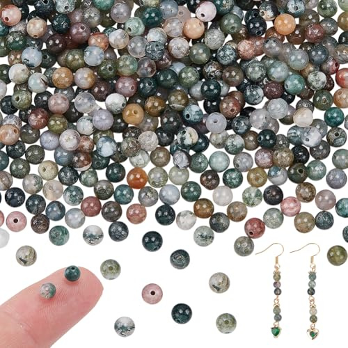 NBEADS Cirka 415 st indisk agat pärlor, 4 mm flerfärgade runda naturliga ädelstenar pärlor för armband, halsband, smyckestillverkning, Hål: 1 mm