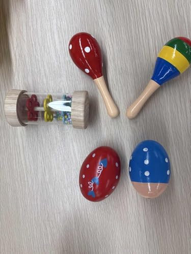 Hölzerne Baby Spielzeug, 5 Stück Mini hölzerne Maracas Eierschüttler und Regen-Stock Rasseln Musikspiel für Babys über 6 Monate, Shaker Sand Hammer Musikinstrument für 1+ Jahr alte Kleinkinder