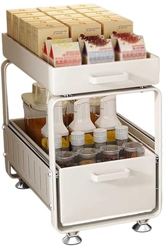 Cestino scorrevole estraibile a 2 ripiani per mobili da cucina e bagno, soluzione per riporre sotto il lavandino, design con cassetti in metallo e bianco, massimizza lo spazio e il disordine