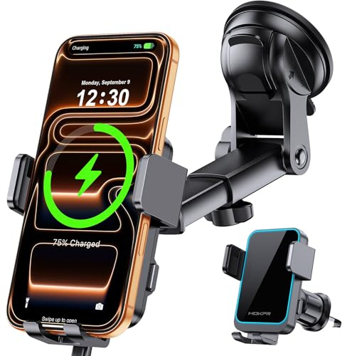 MOKPR Car Phone Holder Wireless Charger, 15W Car Phone Holder Charger | [Auto Clamping] Dashboard Windshield Air Vent 3-in-1 for iPhone 17/16/15/14/13/12&Samsung S26/S25/S24/S23/S22 (Black)
