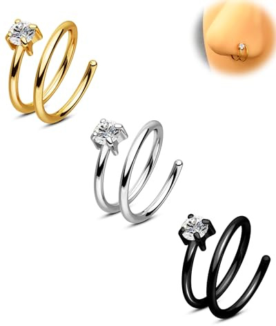 CM Crareesi Mania 3PCS Double Nose Rings Gold Silver Black Nose Hoop Sprial Twist Nose Piercing Jewellery 316L Surgical Steel Clear CZ Nostril Helix Lobe Piercing Jewellery
