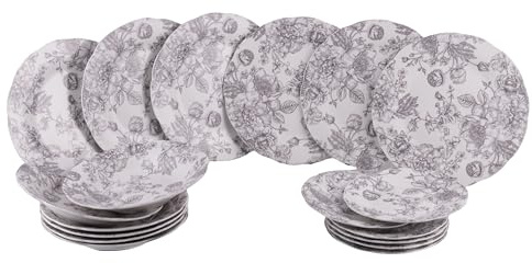 Vajilla de 18 piezas de porcelana, 6 plazas, decoración floral, Madame Grey