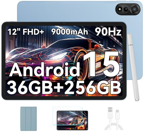 Blackview Mega2WiFi Tablet 12 Zoll Android 15, 2K 90Hz FHD Gaming Tablet mit Stift, 36GB RAM + 256GB ROM(2TB TF), WiFi6, Octa-Core 2.0GHz, 9000mAh/16MP+8MP/Bluetooth 5.2/Widevine L1/Face ID/GMS