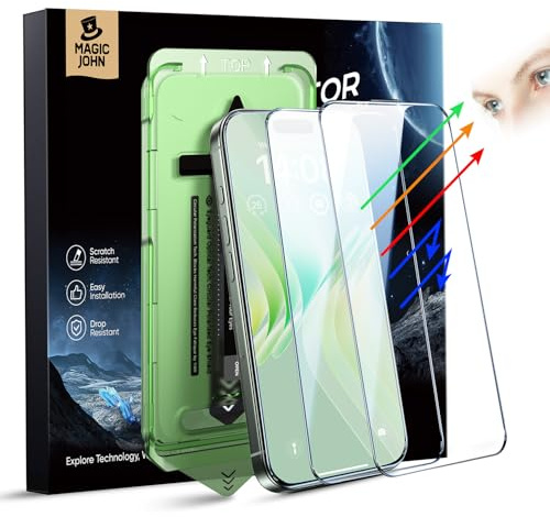 MAGIC JOHN 2 Stück für iPhone 16 Pro Max (6,9 Zoll) Displayschutz Augenschutz Anti-Blaulicht, HD Klar, Auto Dust-Elimination,9H-Gehärtetes Glas & Kratzfest, Vollständige Kantenabdeckung