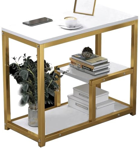 Table console moderne avec étagères – Table d'entrée étroite pour petits espaces, table d'appoint avec cadre en métal pour salon et chambre à coucher, bureau d'entrée élégant en blanc doré