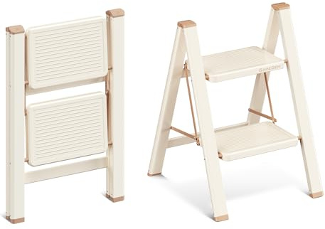 GameGem 2 Step Ladder, Folding Step Stool with Anti-Slip Pedal | Sturdy Carbon Steel, Non Slip Feet, Portable Step Ladder for Home Kitchen, Cream Chocolate