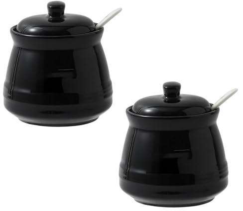 Winlauyet 2-Pack 340ml/11.5oz Sugar Bowls with Lid and Spoon Breakfast Tea and Coffee Service Conditment for Kitchen Seasoning Microwave and Dishwasher Safe (Black)