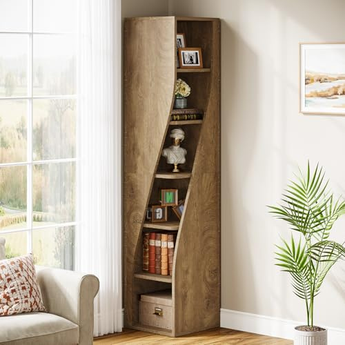 Tribesigns Bücherregal mit 6 Ebenen, 180 cm Hohes Schmales Eckregal Stehend, Modernes Industriedesign-Regal aus Holz für Wohnzimmer, Schlafzimmer, Home-Office, Hellbraun