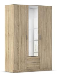 Rauch Möbel LAGOA, Kleiderschrank, Farbe Eiche Sonoma, Breite 136 cm | Schrank, 3-türig, Spiegel, 2 Schubladen, Zubehör Basic, für Schlafzimmer, Kinderzimmer, Babyzimmer, Garderobe