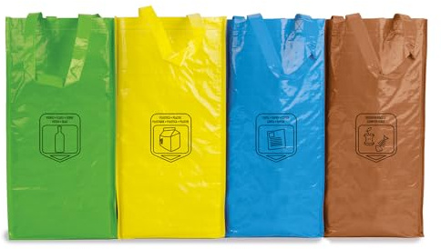 Set Bolsas Robustas Reciclaje Basura, Fácil de Limpiar, Unidas por Cintas, Pack de Reciclaje para Plástico, Organico, Vidrio, Papel y Cartón, Duraderas, 23L, con asas. (4 Bolsas)