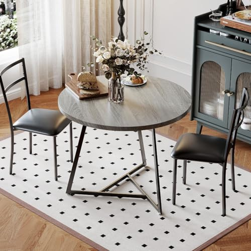 Garvee Dining Table Set for 2, Wooden Kitchen Table and Chairs of 2 with Upholstered Chairs, Round Kitchen Tables Set, 3 Piece Dining Room Table Sets for Small Space, Apartment, Rustic Gray