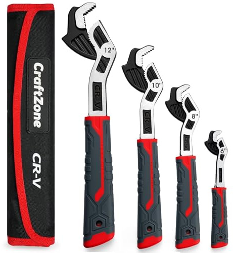 CRAFTZONE Self Adjusting Pipe Wrench 4 Piece Self Locking Wrench Set with Forged Double Threaded Jaws for Pipes Nuts Bolts Plumbing Repair